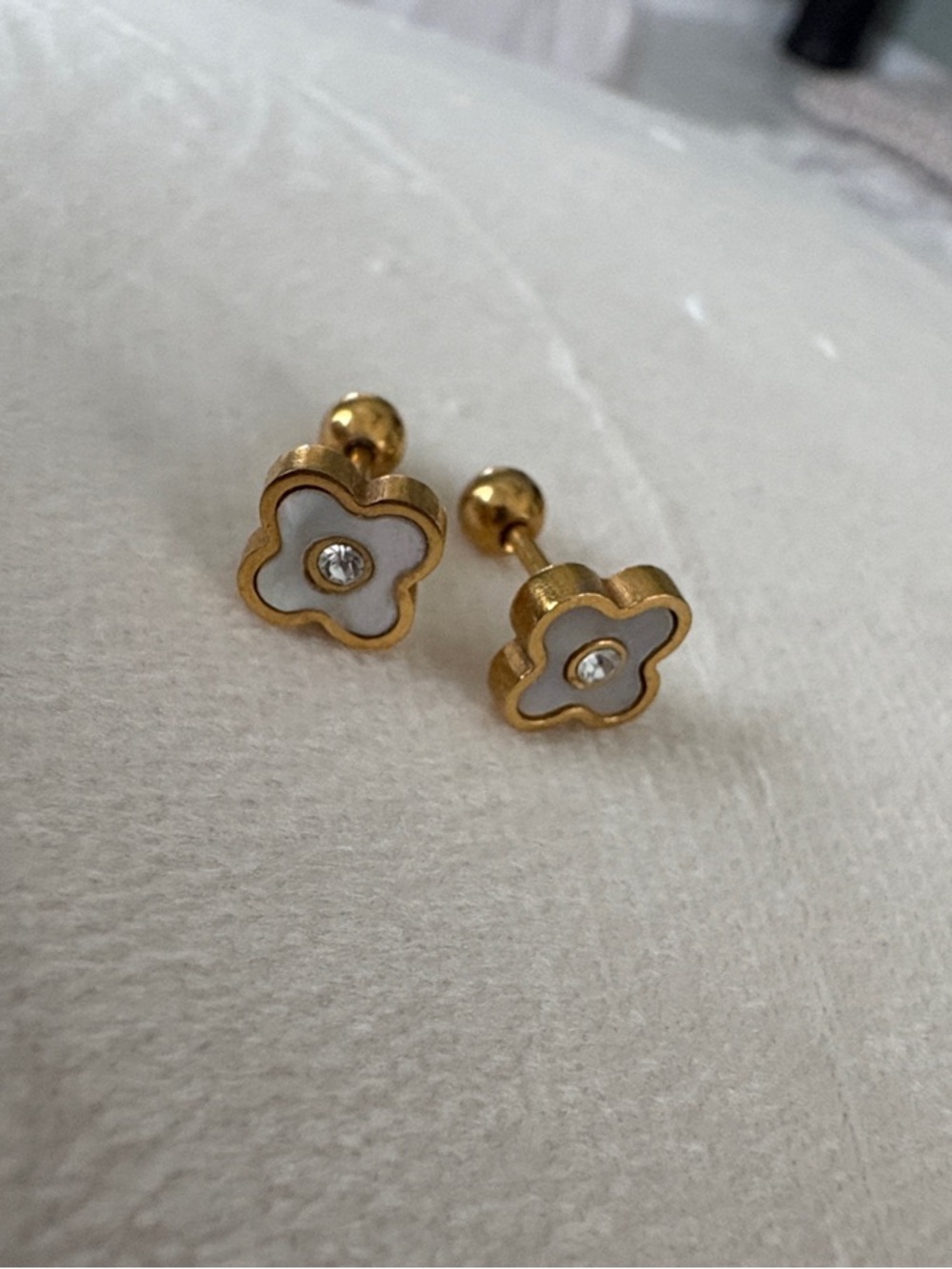 Gold-Tone Stainless Steel Flower Stud Earrings with White Inlay